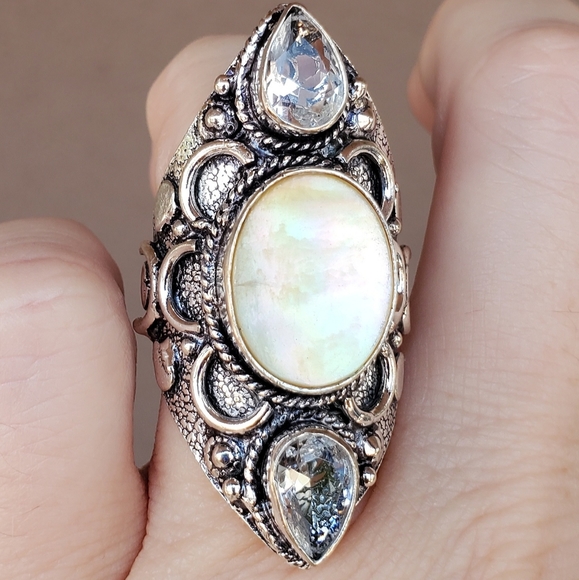 New Abalone Shell & White Topaz 925 Silver Statement Ring. - Picture 3 of 13